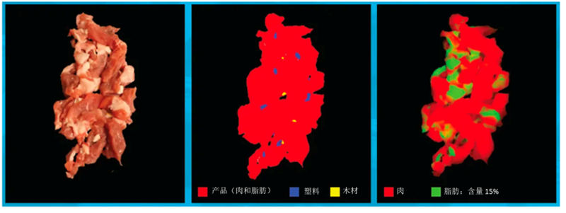 圖 6：使用RGB 和Specim FX17 高光譜相機采集的肉中異物（塑料和木材）和脂肪的 NIR高光譜圖像對比