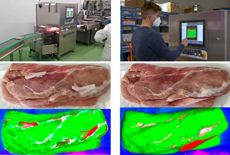 圖 7：Specim FX17 高光譜相機揭示了肉中隱藏的缺陷，例如蒼白、鬆軟和滲出 (PSE) 缺陷，以及骨骼和肌腱的缺陷
