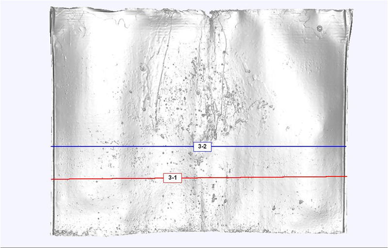 圖4顯示了正在研究的半斷裂殼體。藍色和紅色的線用於厚度平麵的測量。